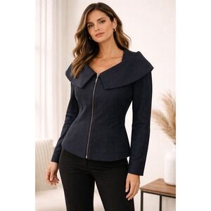 John Meyer Black Zip Front Jacket Women's 12 | Wide Collar Structured Blazer